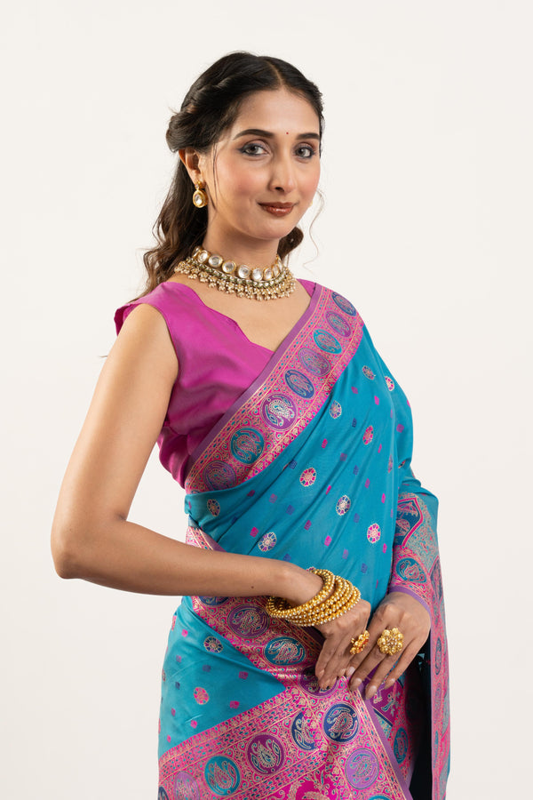 Soft Silk Saree With Darbar Theme - Sky Blue
