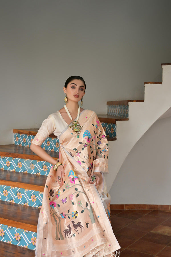 Premium Soft Muga Cotton Paithani Saree 104 - White